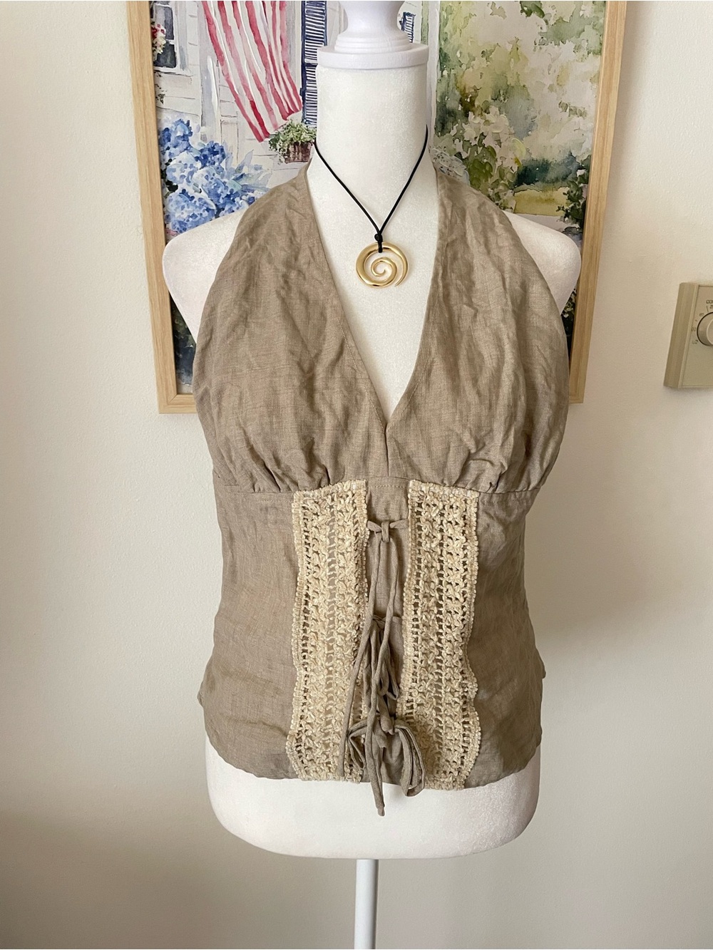 Bisou Bisou Vintage Y2K Halter Linen Tie Bow Front Crochet Tank Top in US 6
